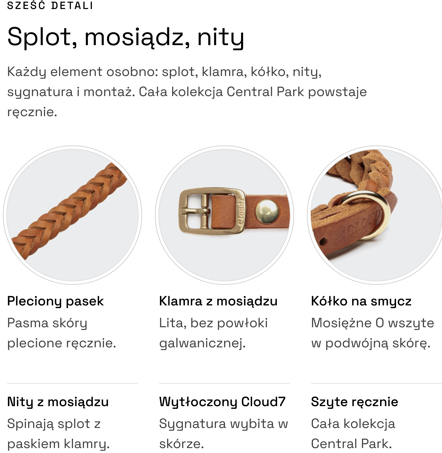 Obroża Central Park Camel Gold — design i wykonanie: splot, mosiądz, nity