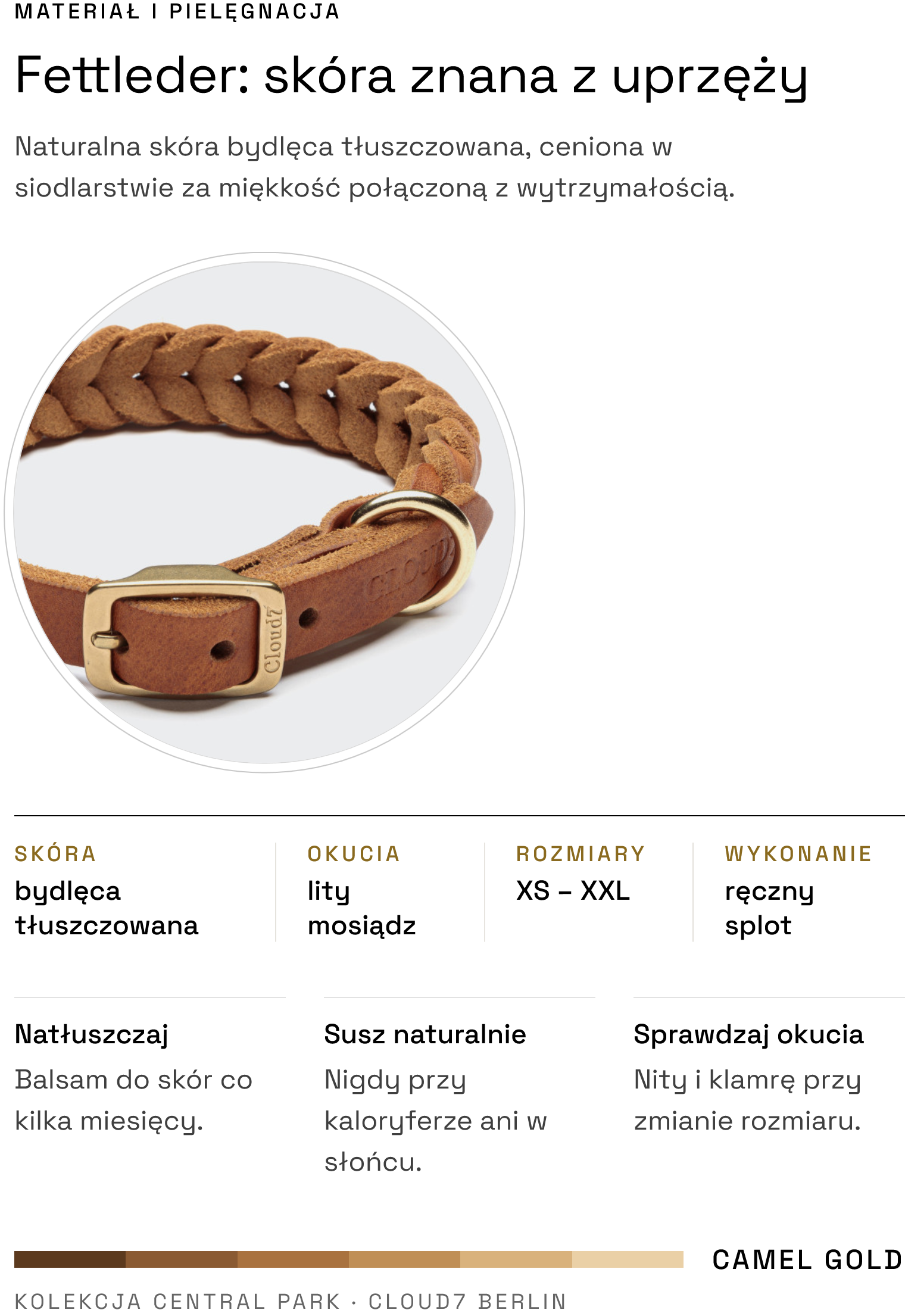 Obroża Central Park Camel Gold — materiał i pielęgnacja: fettleder, mosiądz, rozmiary XS–XXL