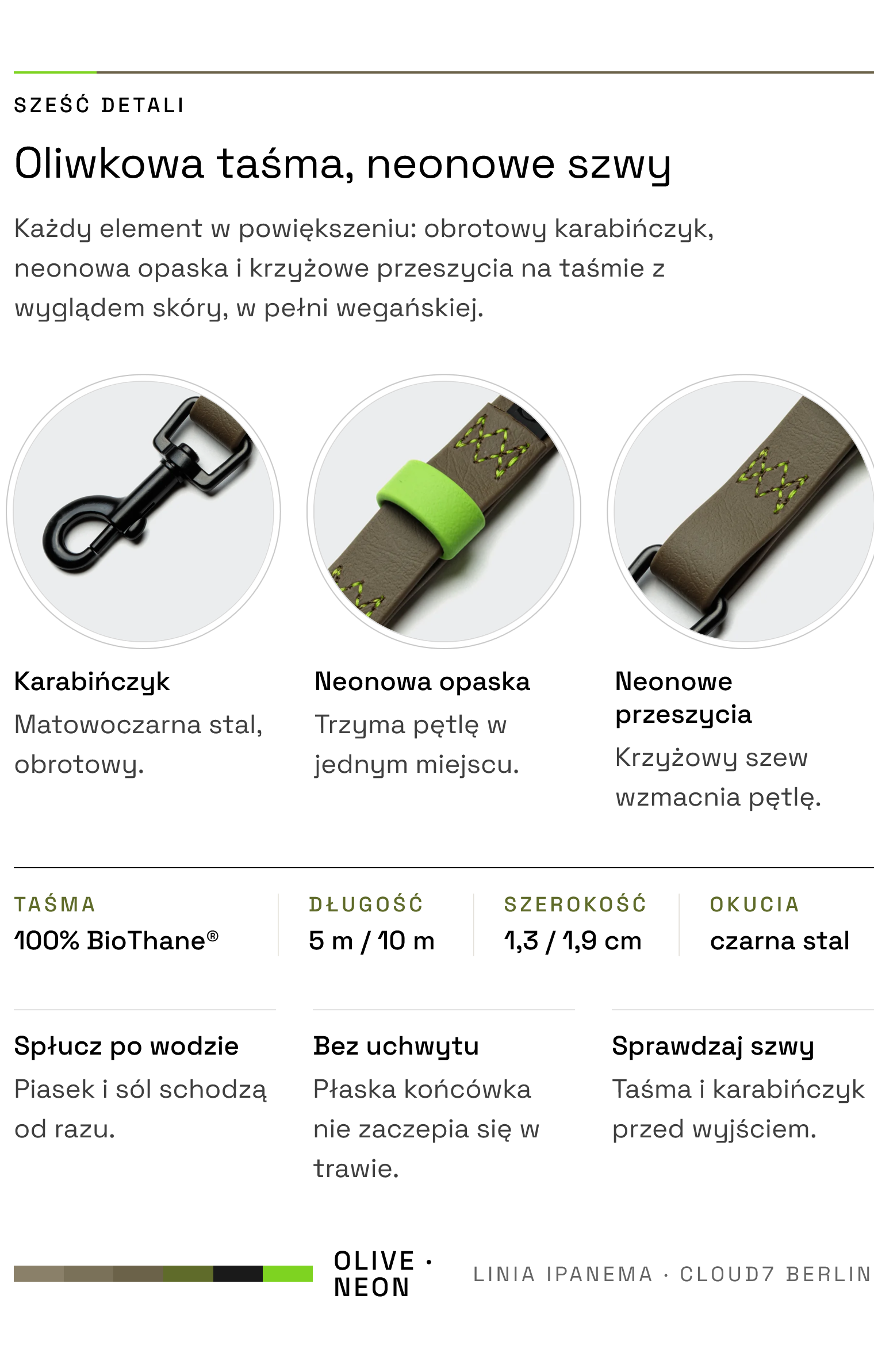 Długa linka Ipanema Olive-Neon Green — detale: obrotowy karabińczyk, neonowa opaska, krzyżowe przeszycia
