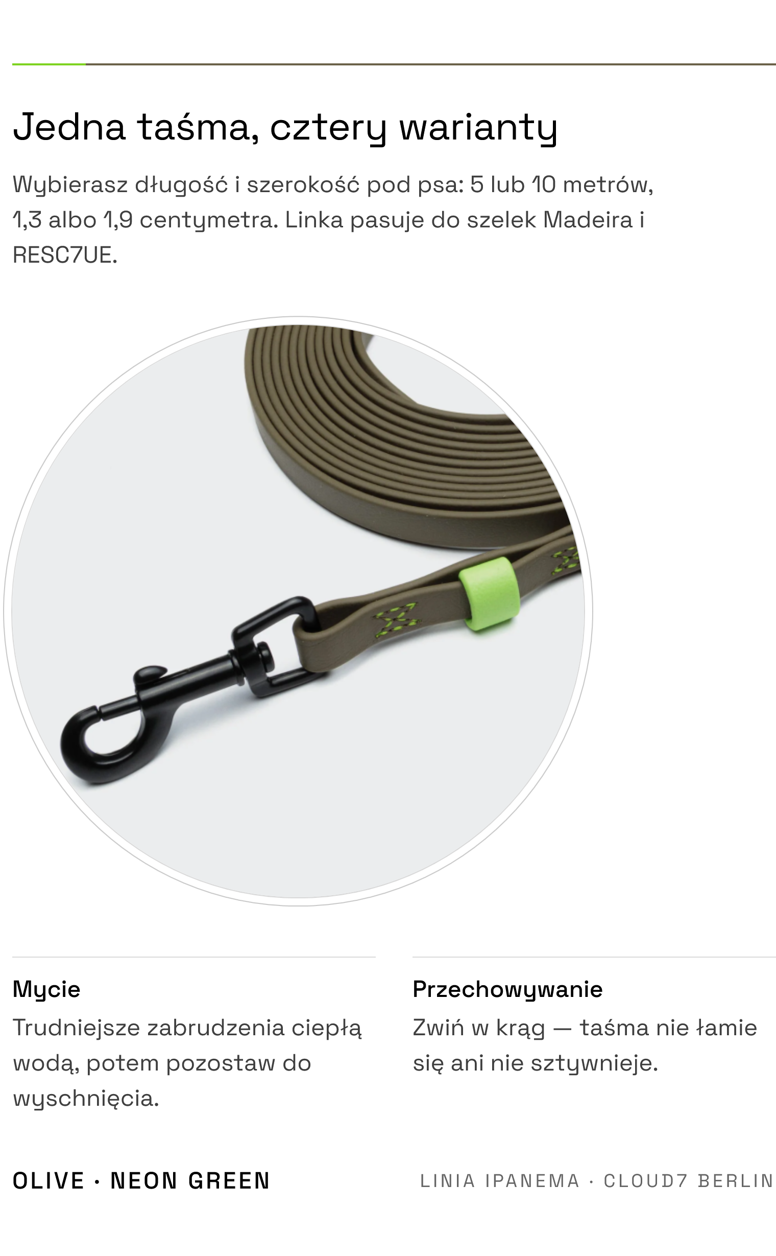 Długa linka Ipanema Olive-Neon Green — materiał BioThane i pielęgnacja, cztery warianty długości i szerokości