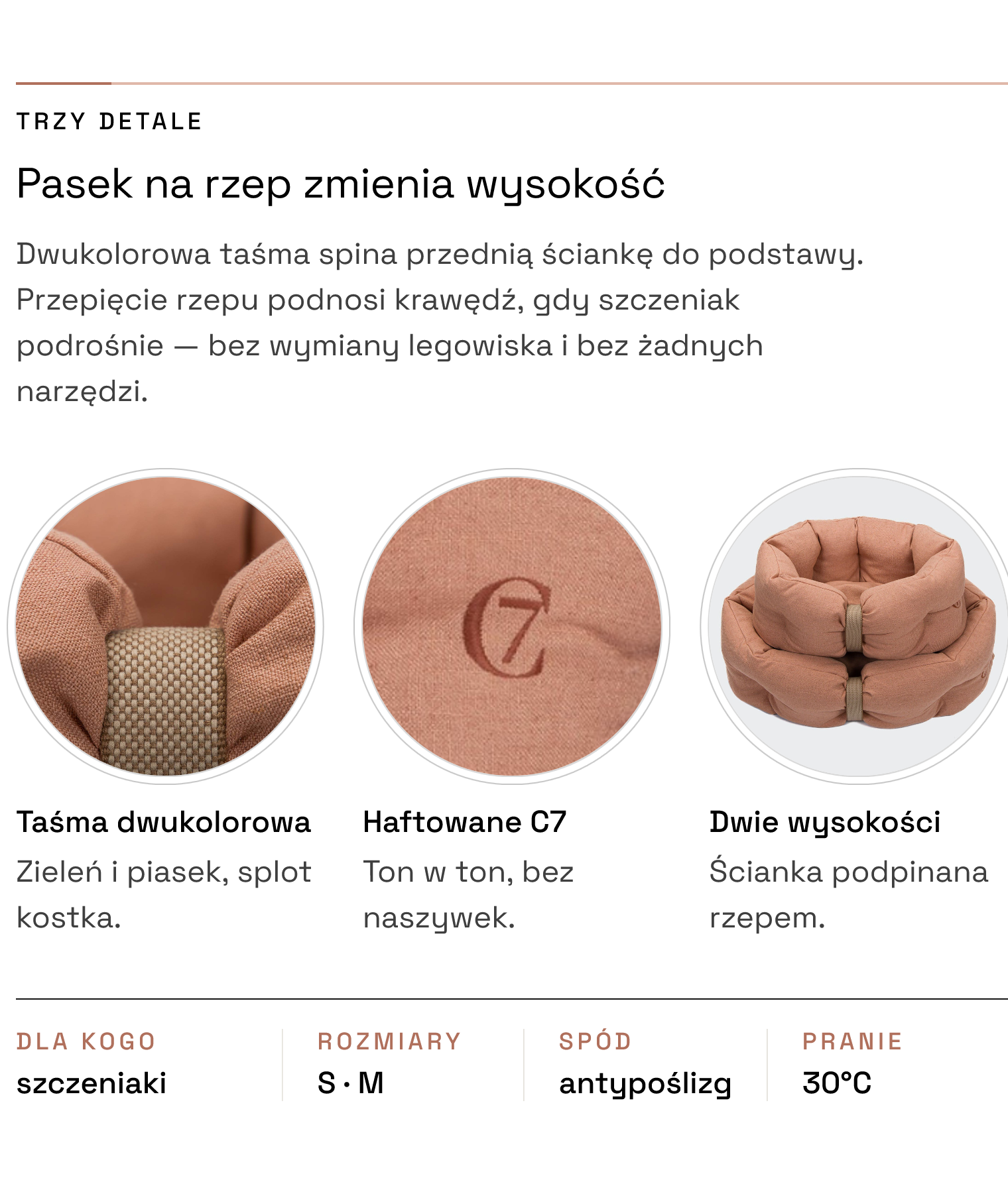 Legowisko LTTL Snoozy Dusty Rose — detale: taśma na rzep, haftowane logo C7, dwie wysokości ścianki