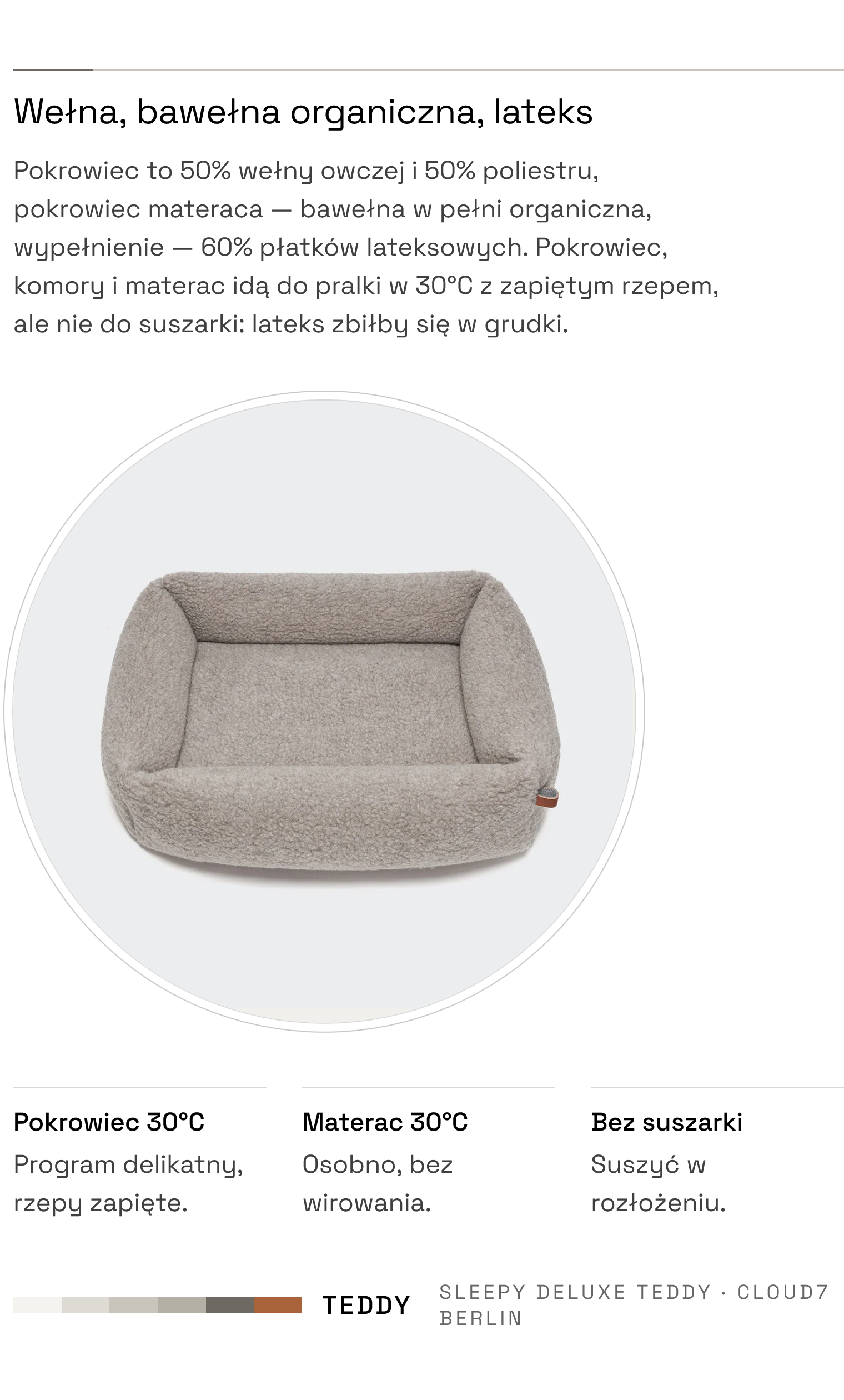 Legowisko Sleepy Deluxe Teddy — wełna, bawełna organiczna, pranie 30°C