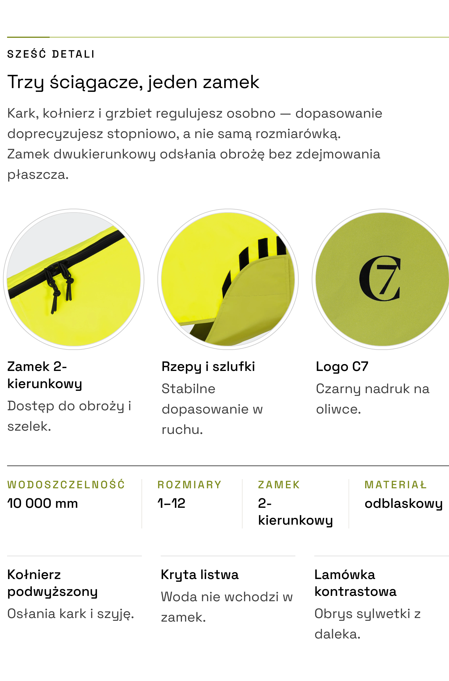Płaszcz AKTIV Neon Green/Light Olive — detale: zamek 2-kierunkowy, rzepy, logo C7