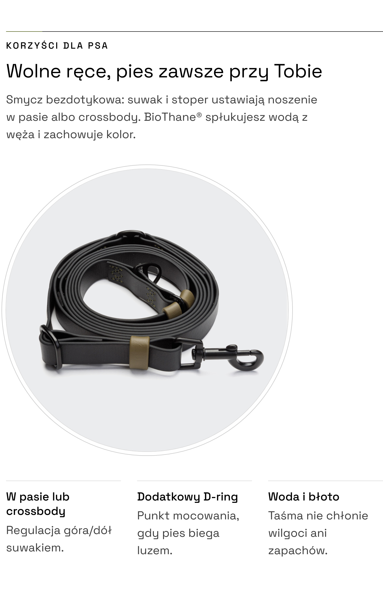 Smycz bezuchwytowa Ipanema Black-Olive — wolne ręce, noszenie w pasie lub crossbody