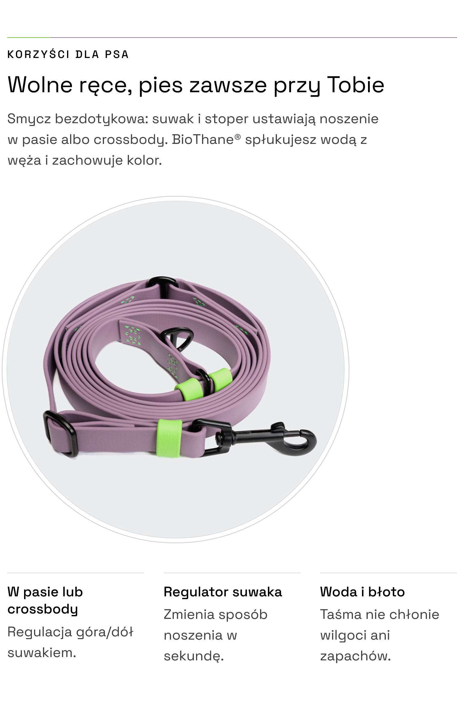 Smycz bezuchwytowa Ipanema Lilac — wolne ręce, noszenie w pasie lub crossbody