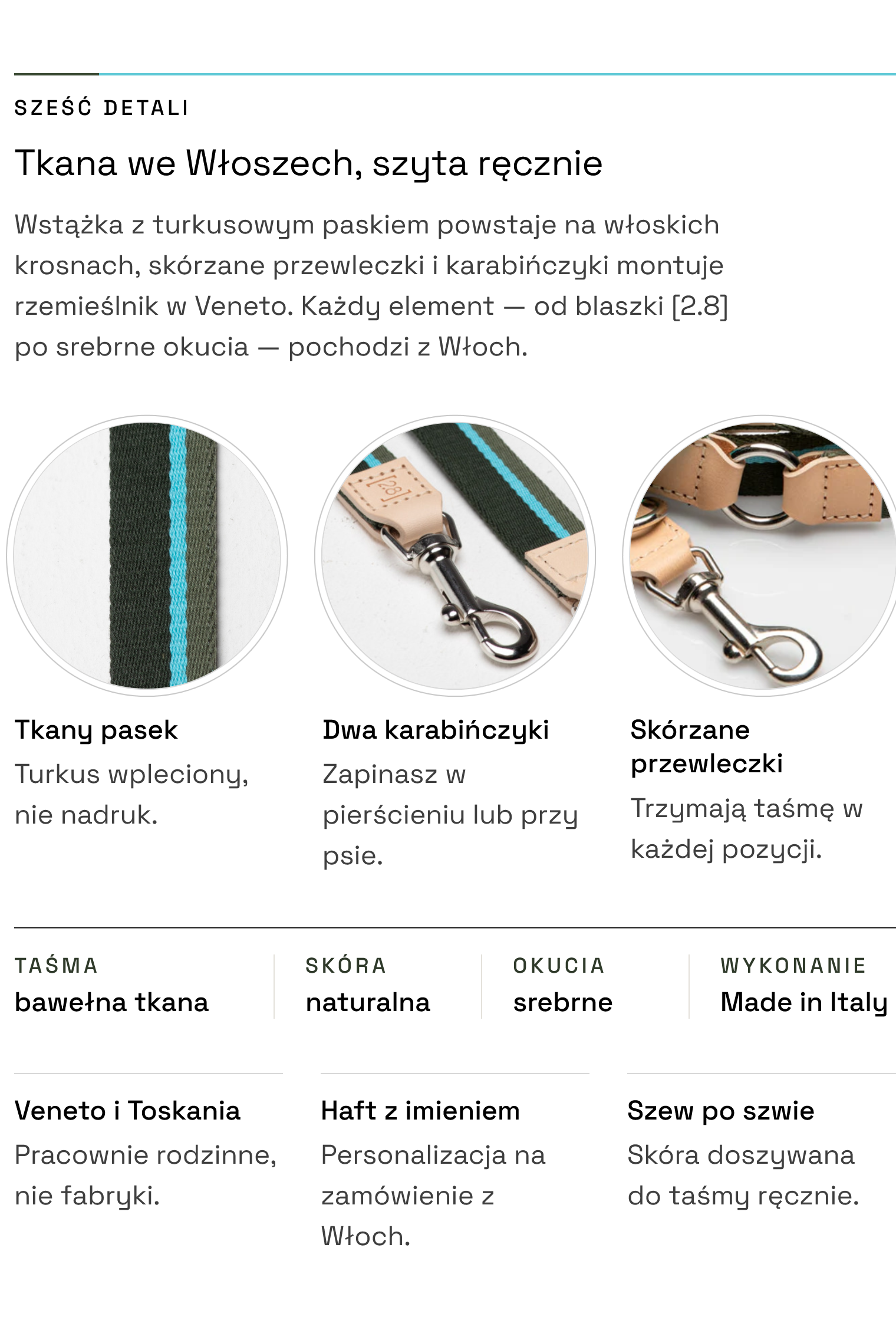 Smycz Franco Green Stripes — detale: tkana wstążka, dwa karabińczyki, skórzane przewleczki