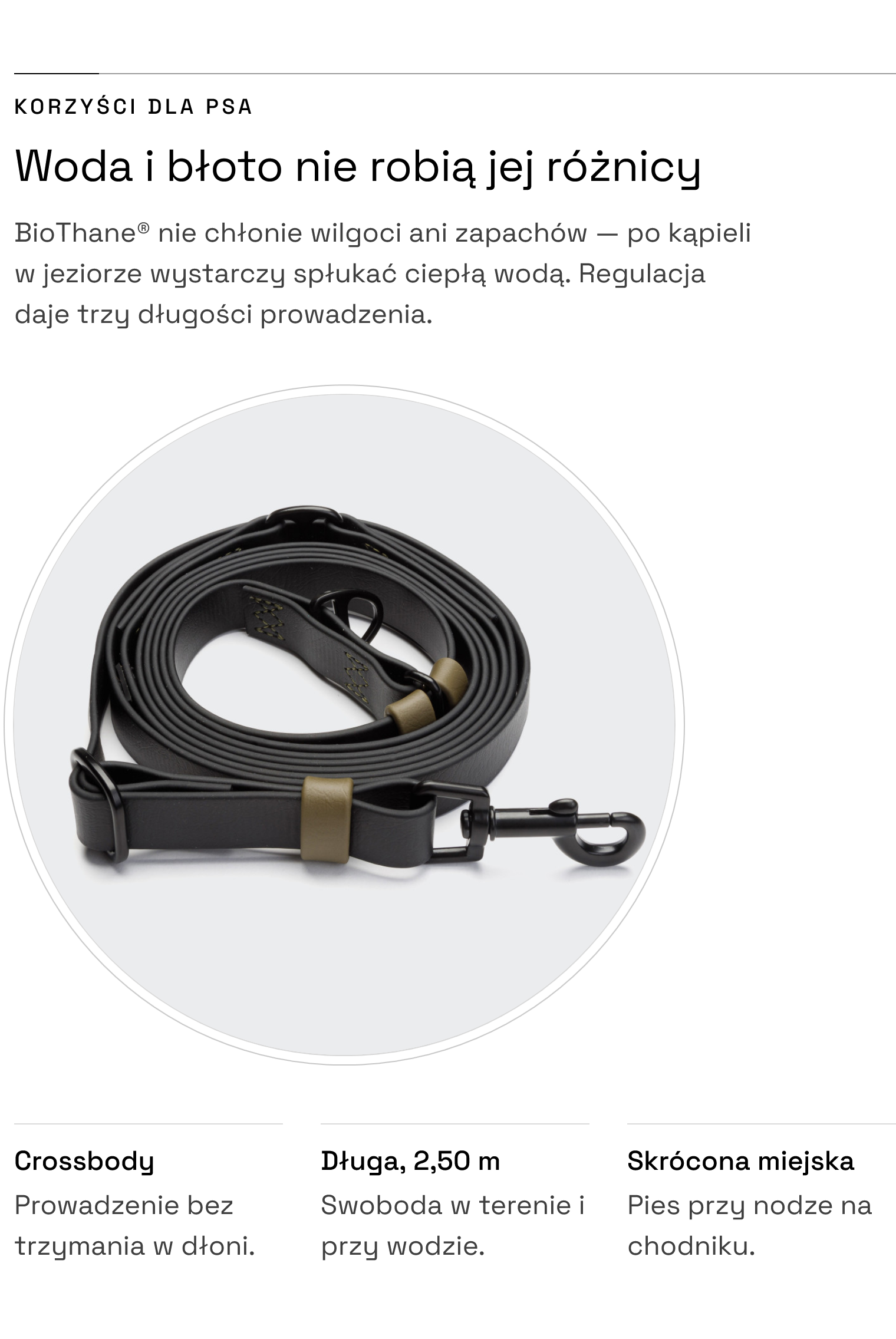 Smycz Ipanema Black-Olive — trzy długości prowadzenia, wodoodporny BioThane