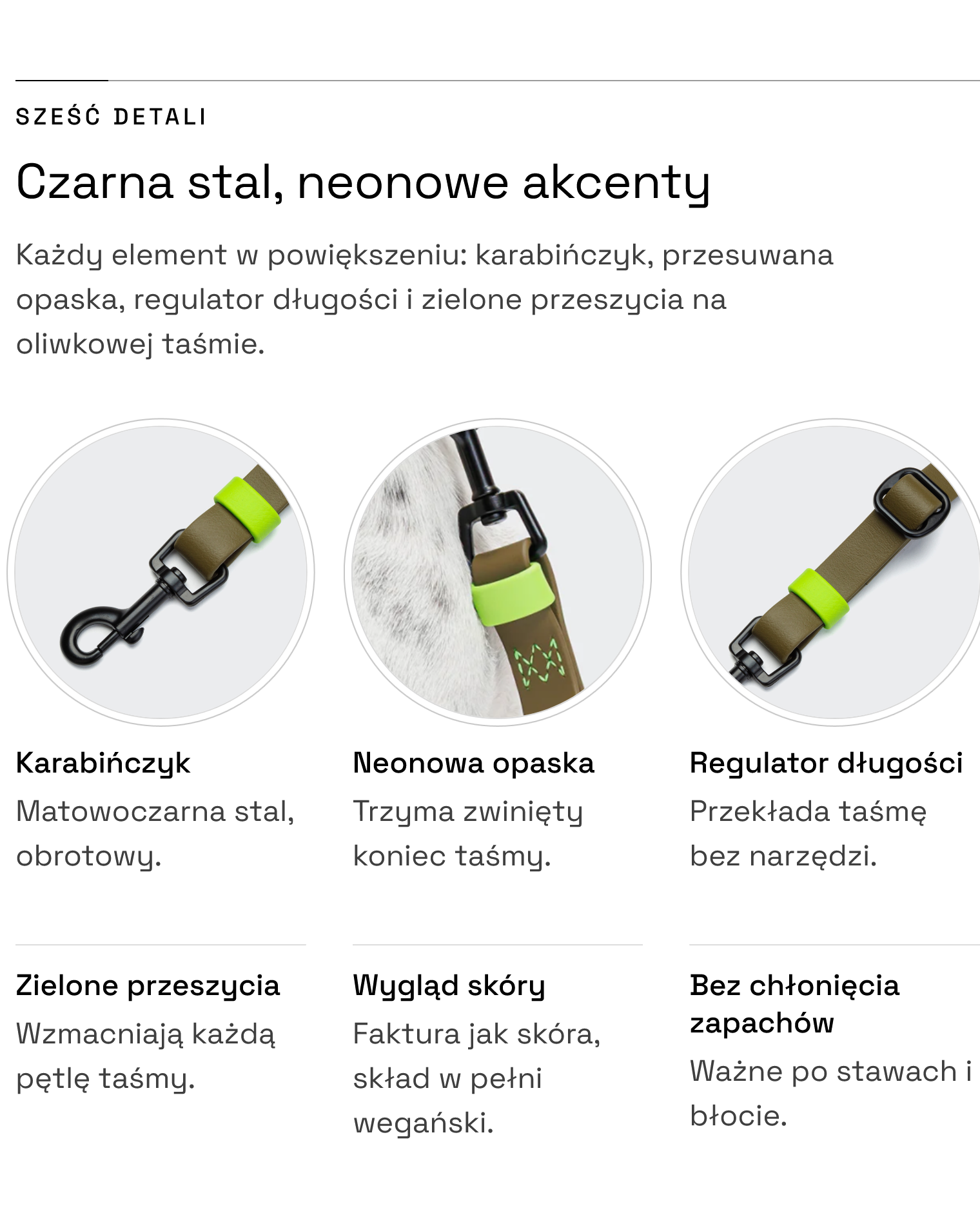 Smycz Ipanema Olive-Neongreen — detale: karabińczyk z czarnej stali, neonowa opaska, regulator