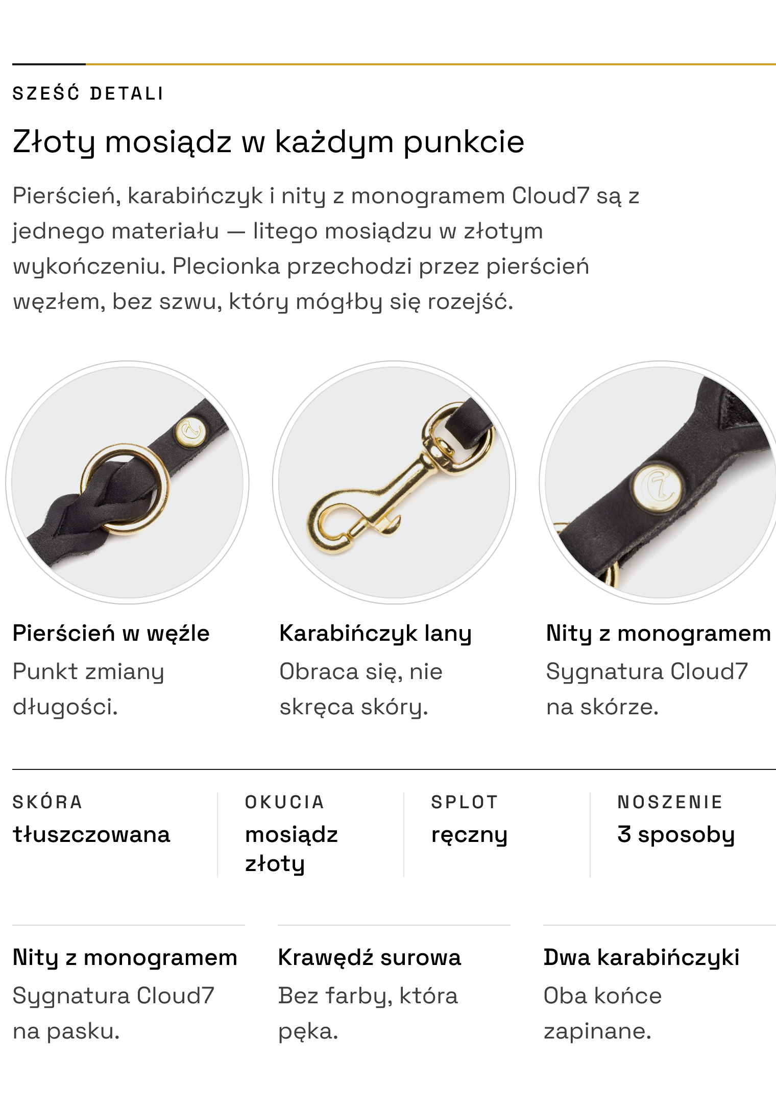 Smycz Riverside Park Black Gold — detale: złoty mosiądz, pierścień, nity z monogramem