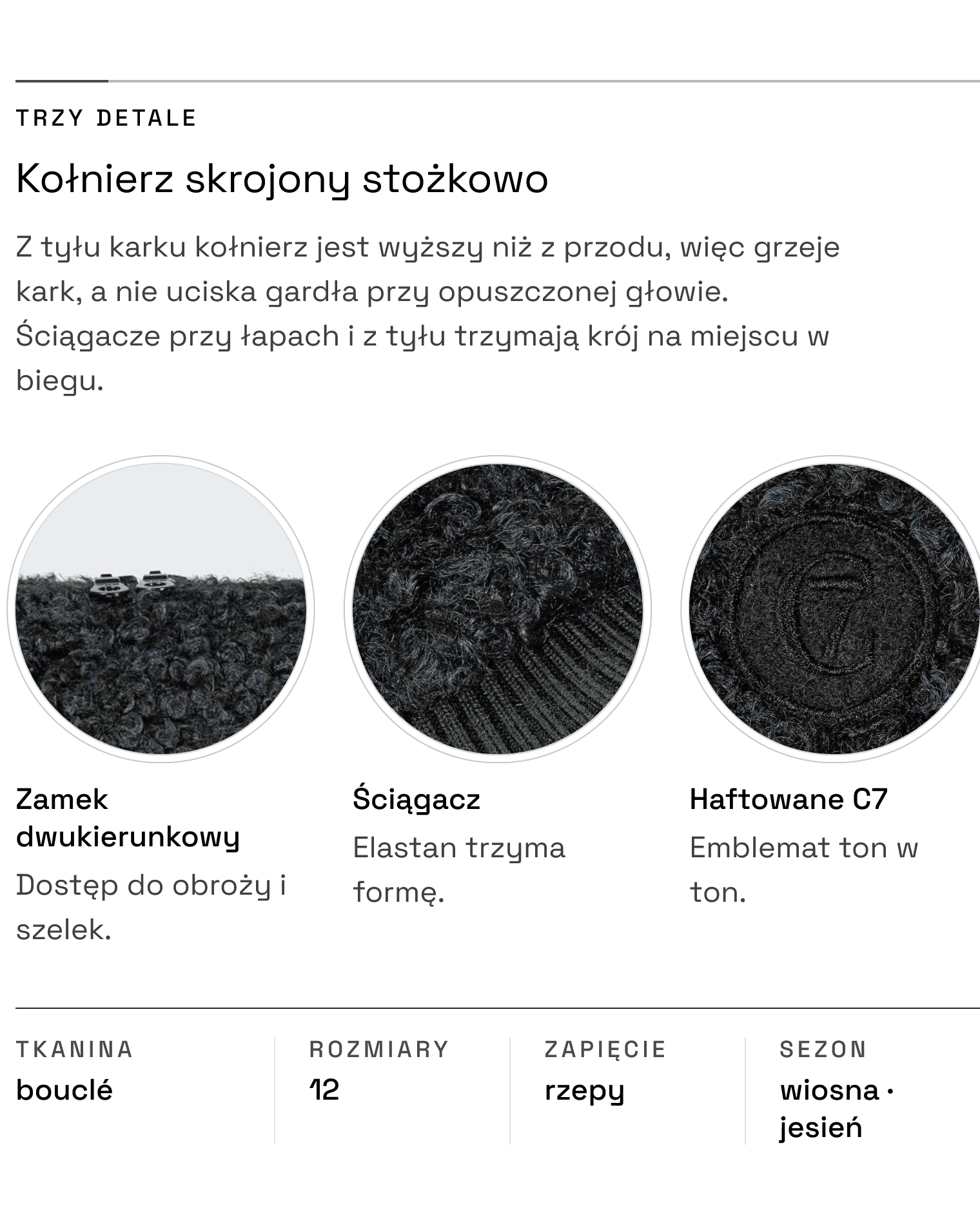 Sweter Gotland Anthra — detale: zamek dwukierunkowy, ściągacz, haftowane logo C7
