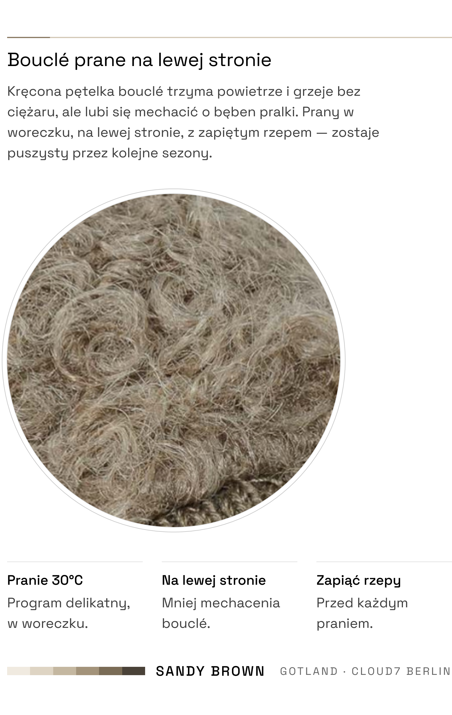 Sweter Gotland Sandy Brown — tkanina bouclé, pranie 30°C na lewej stronie